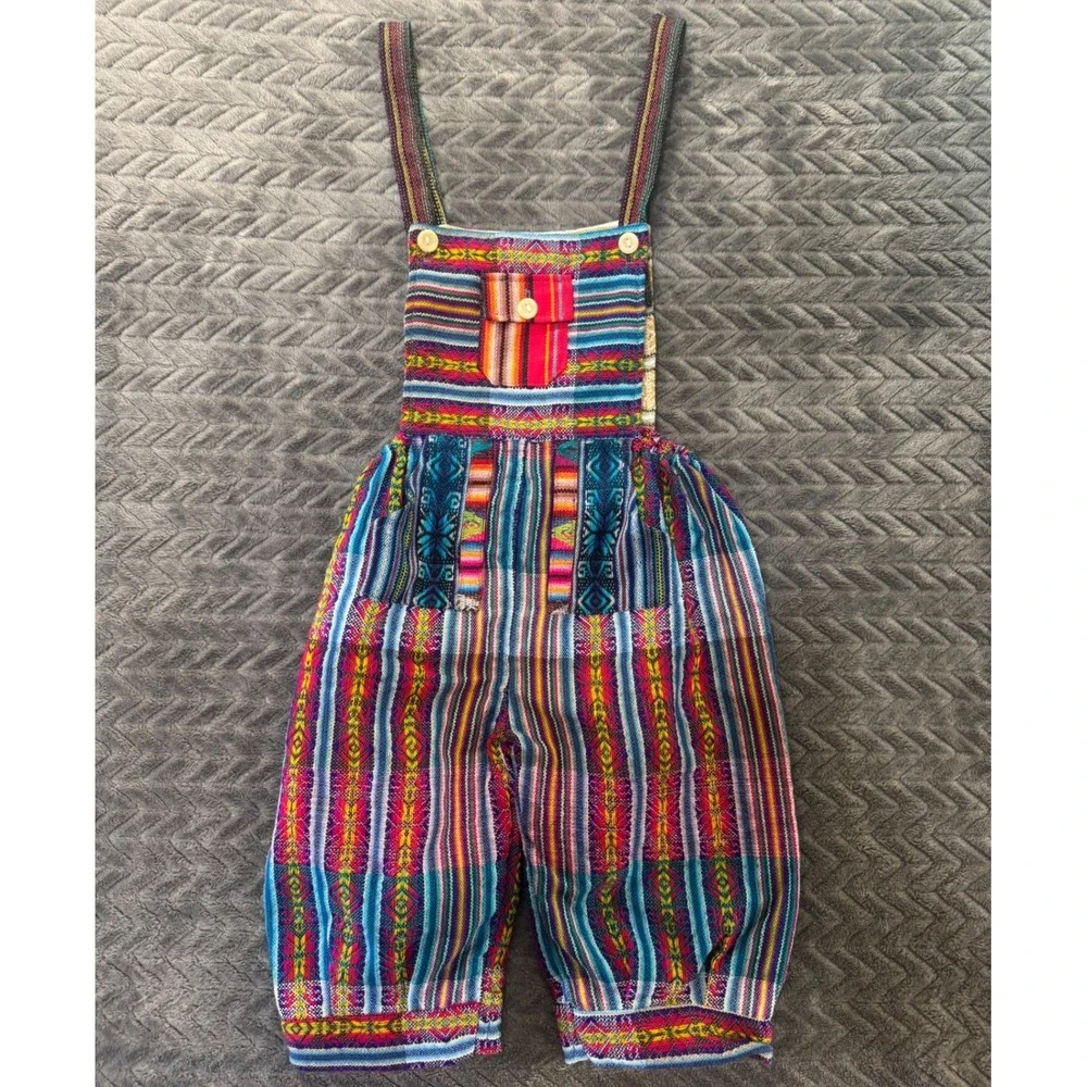 Handmade Toddler Boho Woven Overalls‎ Multicolor Geometric Striped Romper (1389)